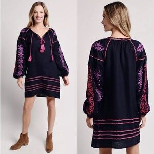 Roller Rabbit $265 Natalia Embroidered Tassel Dress Linen Navy Blue XS